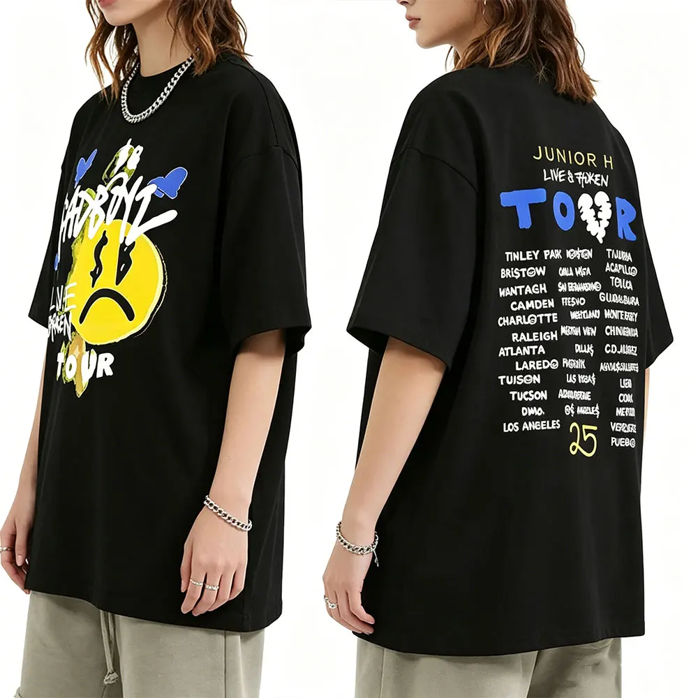 Rapper Junior H Sad Boyz Sad Boyz Live & Broken Tour T-shirt Men Women Hip Hop Fashion Oversized T Shirt High Quality Streetwear
Rapper Junior H Sad Boyz Sad Boyz Live & Broken Tour T-shirt Men Women Hip Hop Fashion Oversized T Shirt High Quality Streetwear