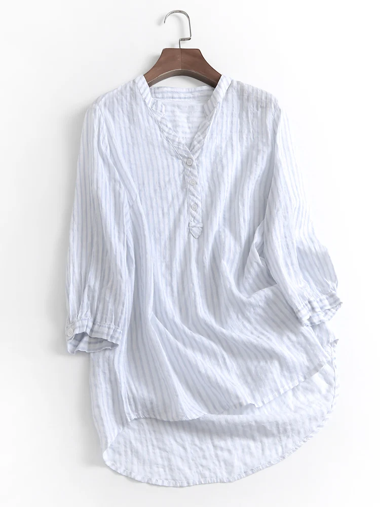 Slimming Stripe Pattern Loose Fit V-Neck T-Shirt Summer New Style Nine Sleeve Women Shirt Pure Cotton Button Detail Shirt
Slimming Stripe Pattern Loose Fit V-Neck T-Shirt Summer New Style Nine Sleeve Women Shirt Pure Cotton Button Detail Shirt