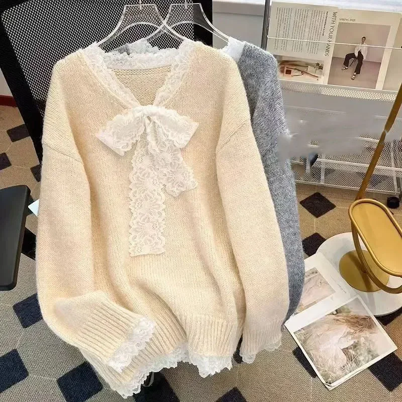 Y2k Korean Fairy Bow Knitted Pullover Female Sweet Lace Japanese Loose Sweater Office Lady Autumn 2025 Oversized Outfits
Y2k Korean Fairy Bow Knitted Pullover Female Sweet Lace Japanese Loose Sweater Office Lady Autumn 2025 Oversized Outfits