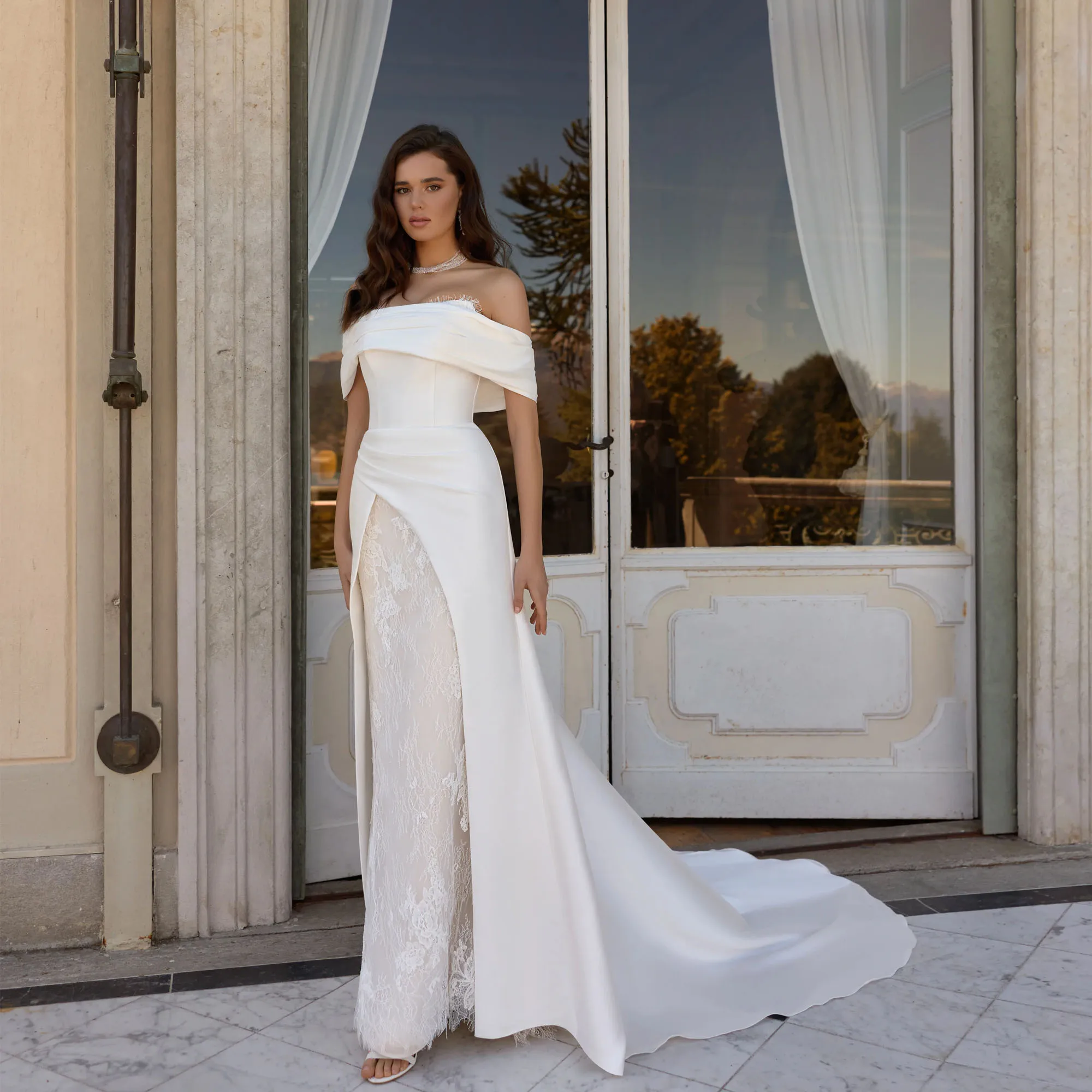 Detachable Cape Satin Lace Wedding Dress 2026 Off Shoulder Mermaid Bridal Gown With Slit Corset Back Sweep Train Customized
Detachable Cape Satin Lace Wedding Dress 2026 Off Shoulder Mermaid Bridal Gown With Slit Corset Back Sweep Train Customized