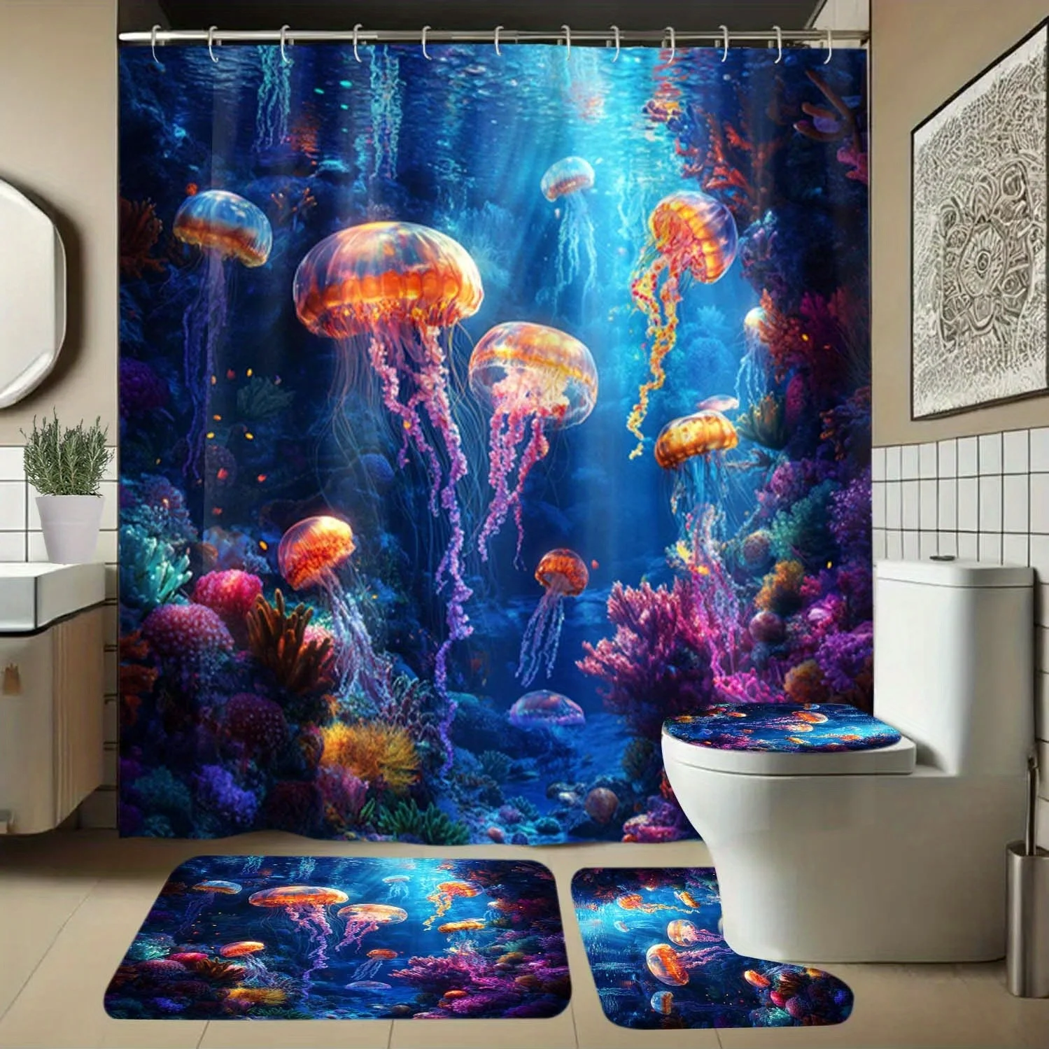 Shower Curtain 4pcs/set Ocean Theme Shower Curtain with Hooks Jellyfish Coral Reef Design Polyester Bathroom Curtain Waterproof Machine Washable Coastal Ocean Bathroom Decor Underwater Theme Bath Partition Curtain Durable Home Accessories All Season Use
Shower Curtain 4pcs/set Ocean Theme Shower Curtain with Hooks Jellyfish Coral Reef Design Polyester Bathroom Curtain Waterproof Machine Washable Coastal Ocean Bathroom Decor Underwater Theme Bath Partition Curtain Durable Home Accessories All Season Use