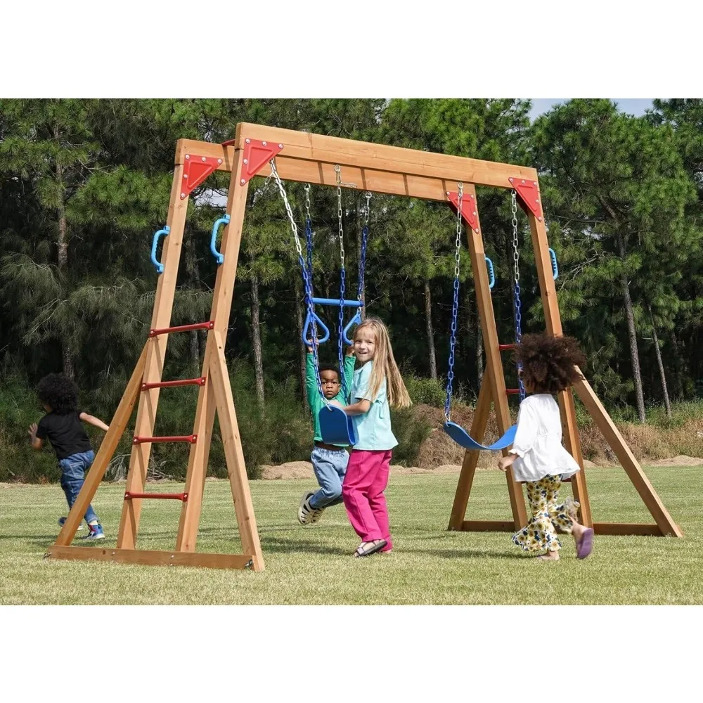 Wood Swing Sets for Backyard, Kids Outdoor Play Equipment, Outdoor Playset for Kids with Trapeze Swing Bar and 2 Belt Swings
Wood Swing Sets for Backyard, Kids Outdoor Play Equipment, Outdoor Playset for Kids with Trapeze Swing Bar and 2 Belt Swings