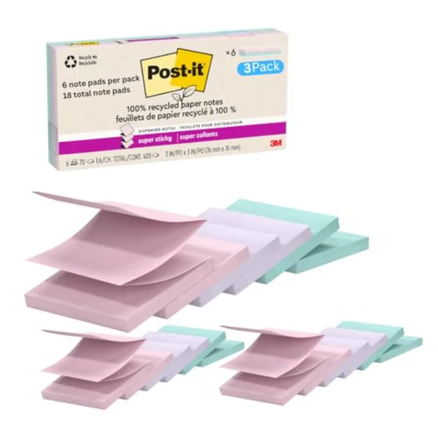 100% Recycled Paper Super Sticky Notes, 3 in. x 3 in., 70 Sheets per Pad, Wanderlust Pastels, School Supplies and Office Produc
100% Recycled Paper Super Sticky Notes, 3 in. x 3 in., 70 Sheets per Pad, Wanderlust Pastels, School Supplies and Office Produc