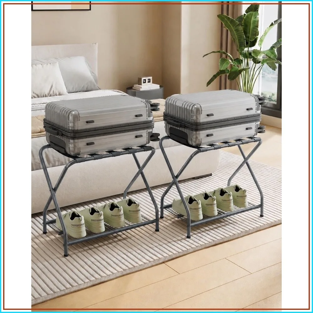 Set of 2 Foldable Gray Luggage Rack Stands with Storage Shelves – Heavy Duty Metal Suitcase Holders, 150 lbs Top, 50 lbs Bottom Each, Fits 20”-28” Luggage – Guest Room, Bedroom, Hotel
Set of 2 Foldable Gray Luggage Rack Stands with Storage Shelves – Heavy Duty Metal Suitcase Holders, 150 lbs Top, 50 lbs Bottom Each, Fits 20”-28” Luggage – Guest Room, Bedroom, Hotel