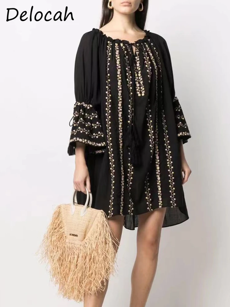 Delocah High Quality Spring Women Fashion Designer Mini Dress Flare Sleeve Ruffles Trim Lace up Embroidery Big Swing Dresses
Delocah High Quality Spring Women Fashion Designer Mini Dress Flare Sleeve Ruffles Trim Lace up Embroidery Big Swing Dresses