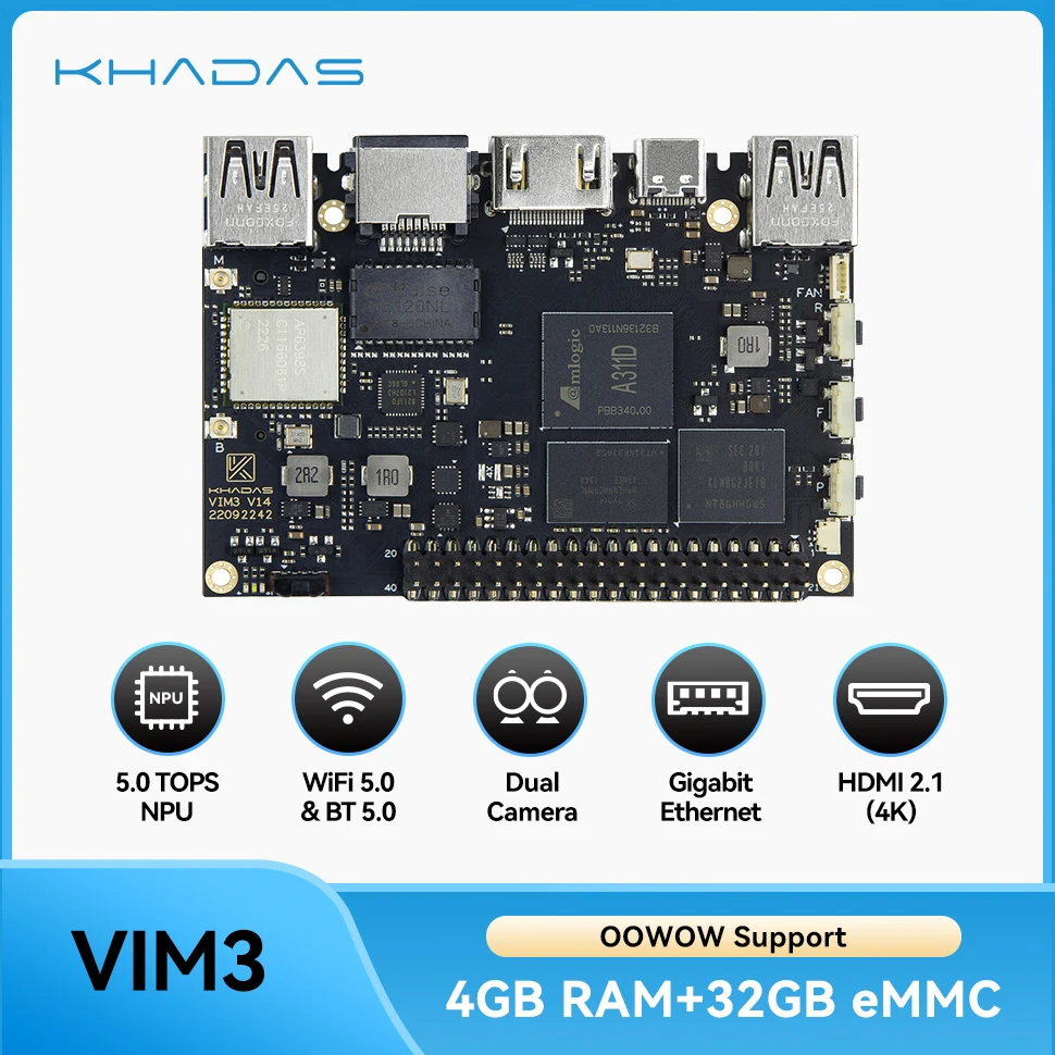 Khadas VIM3 SBC: 12nm Amlogic A311D Soc With 5.0 TOPS NPU | 4GB + 32GB(Pro Model)
Khadas VIM3 SBC: 12nm Amlogic A311D Soc With 5.0 TOPS NPU | 4GB + 32GB(Pro Model)