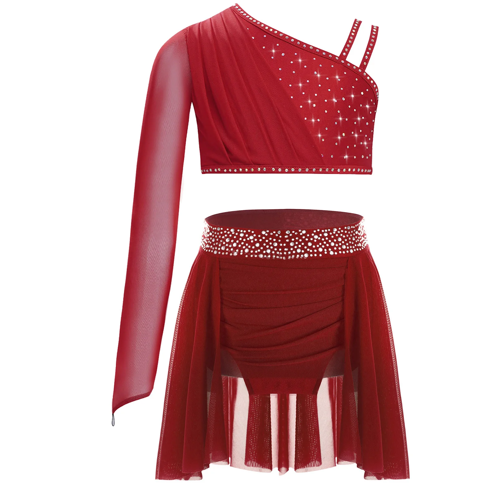 Kids Girls Lyrical Dance Costume Sheer Mesh Long Sleeve Asymmetrical Shoulder Glittery Rhinestones Crop Top+Skirt Figure Skating
Kids Girls Lyrical Dance Costume Sheer Mesh Long Sleeve Asymmetrical Shoulder Glittery Rhinestones Crop Top+Skirt Figure Skating