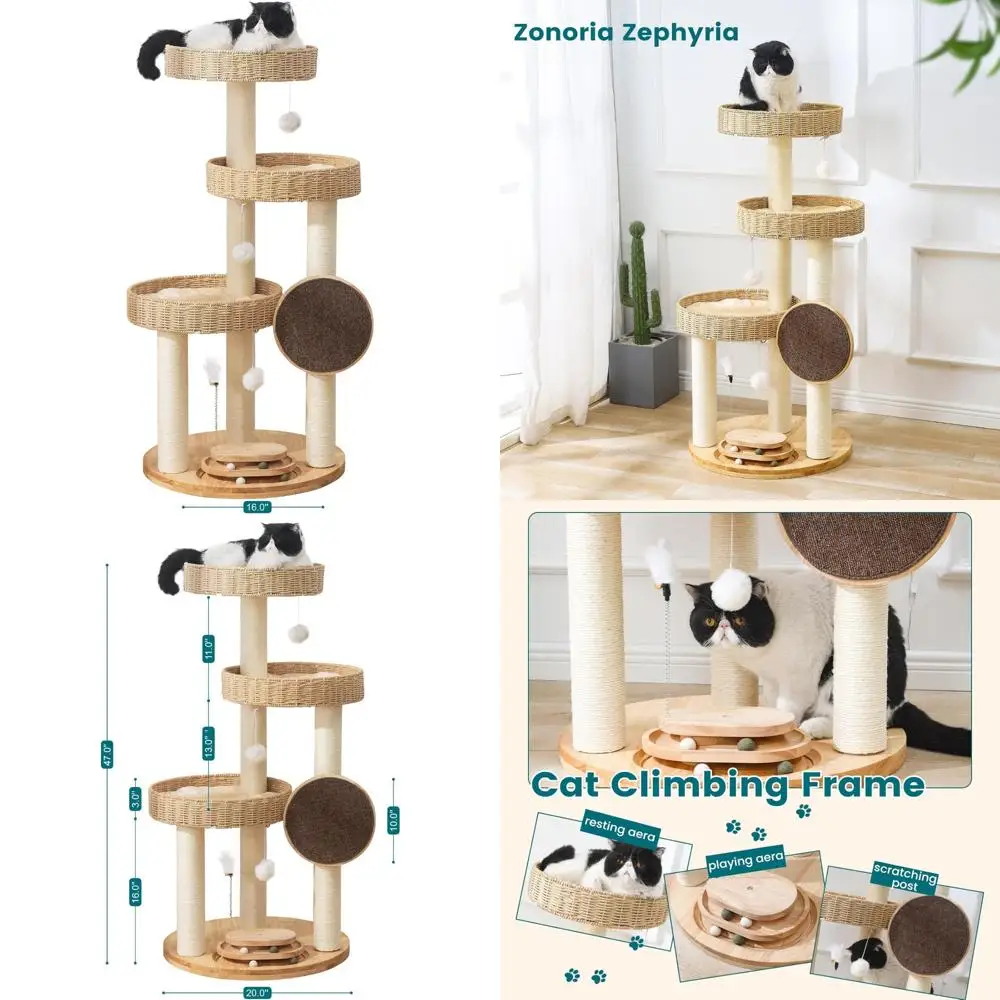 Sturdy Wooden Cat Tower with Scratching Posts, Hand-Woven Beds, and Toys for Indoor Cats - Supports Up to 20lbs
Sturdy Wooden Cat Tower with Scratching Posts, Hand-Woven Beds, and Toys for Indoor Cats - Supports Up to 20lbs