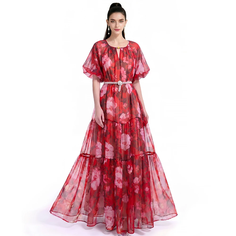 Red Floral Print Organza Tiered Maxi Dress with Beaded Belt Flare Sleeve Flowy Long Gown for Women Party Wedding Guest
Red Floral Print Organza Tiered Maxi Dress with Beaded Belt Flare Sleeve Flowy Long Gown for Women Party Wedding Guest