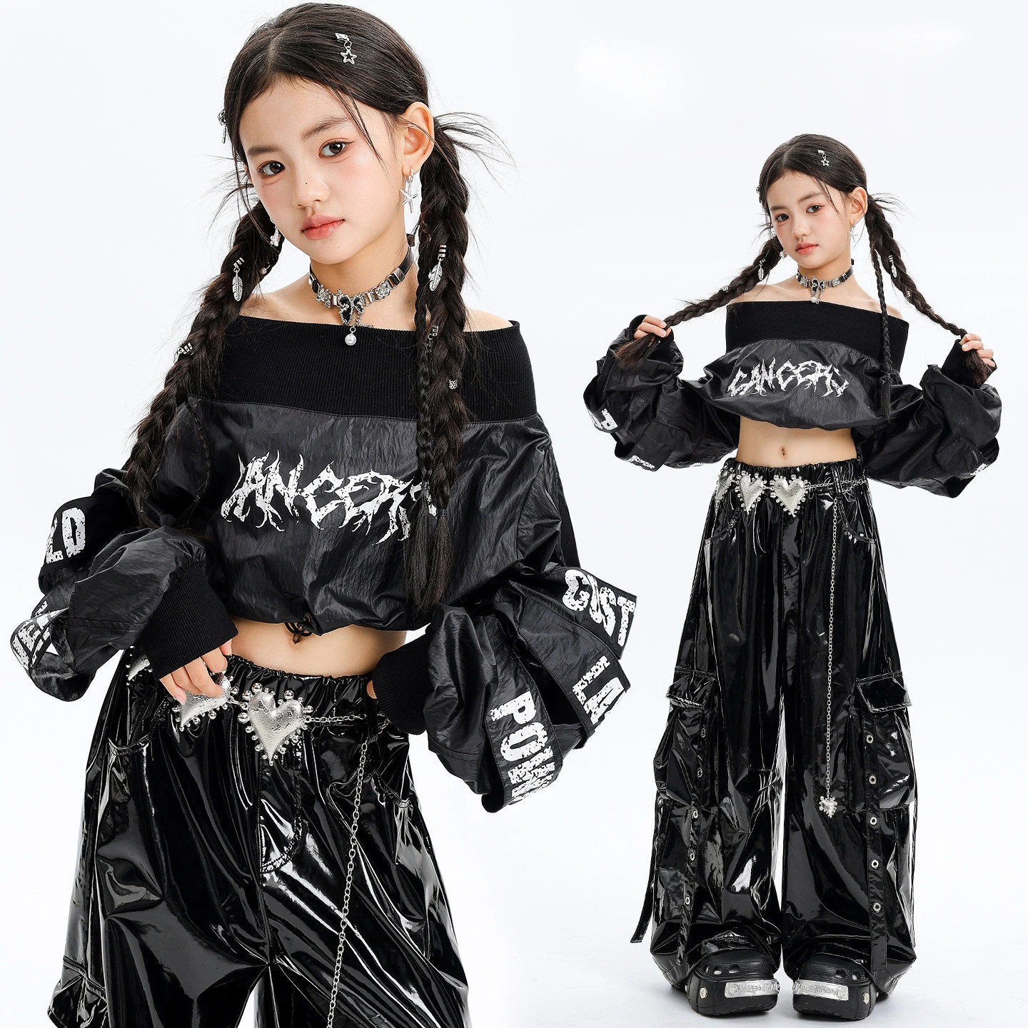 Kid Kpop Hip Hop Clothing Black Off Shoulder Puff Sleeves Top Strap Faux Leather Cargo Pants for Girl Jazz Dance Costume Clothes
Kid Kpop Hip Hop Clothing Black Off Shoulder Puff Sleeves Top Strap Faux Leather Cargo Pants for Girl Jazz Dance Costume Clothes