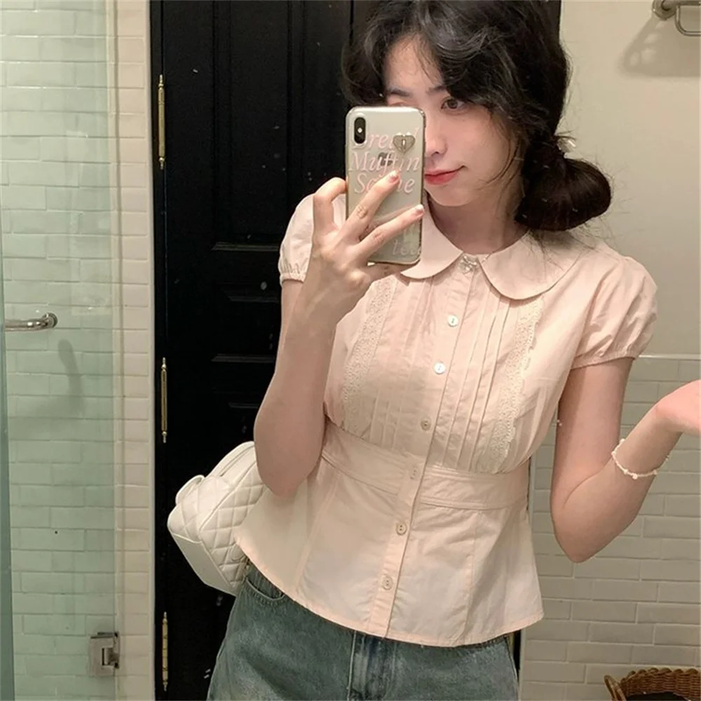 Vintage Cotton Shirt Tops For Women Lace Up Peter Pan Collar Short Sleeve Summer New Blouses 2026 White Pink Blusas Preppy Style
Vintage Cotton Shirt Tops For Women Lace Up Peter Pan Collar Short Sleeve Summer New Blouses 2026 White Pink Blusas Preppy Style