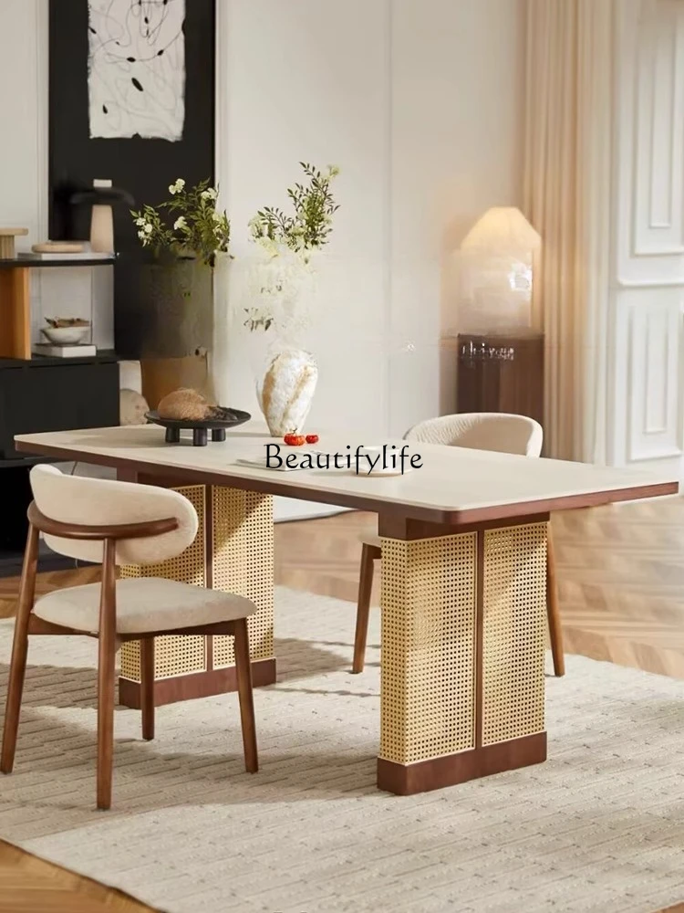 Medieval solid wood rock slab dining table rattan designer simple rectangular table
Medieval solid wood rock slab dining table rattan designer simple rectangular table