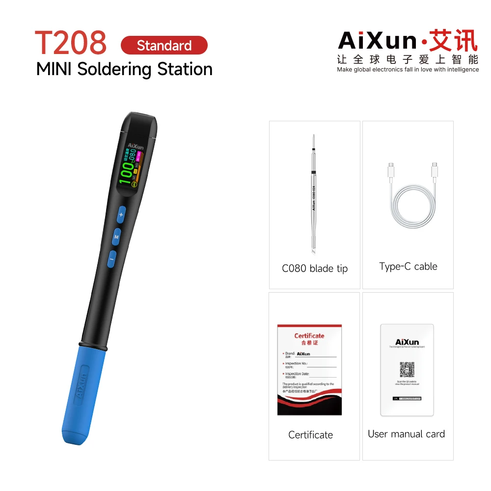 AiXun T208 Smart Mini Soldering Station 80W Automatic Sleep 6-Axis Gyroscope LCD Portable C080 Tip for PCB Repair Tools
AiXun T208 Smart Mini Soldering Station 80W Automatic Sleep 6-Axis Gyroscope LCD Portable C080 Tip for PCB Repair Tools
