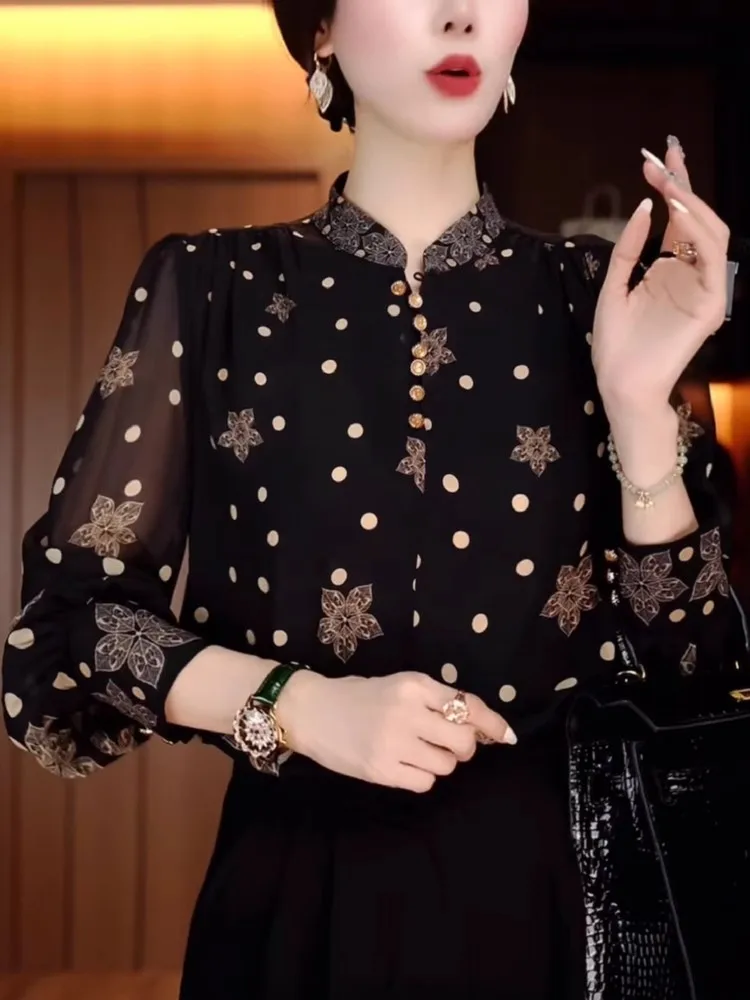Faionable Polka Dot Print Stand Collar Loose Long Sve irt Women's Spring Summer New Sle Thin Mommy's Clothing Top
Faionable Polka Dot Print Stand Collar Loose Long Sve irt Women's Spring Summer New Sle Thin Mommy's Clothing Top