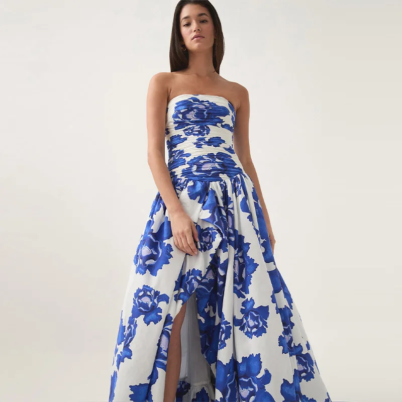 Women Blue Print Pleated High Waist A-line Dress Sexy Strapless Sleeveless Backless Long Dresses Elegant Evening Party Vestidos
Women Blue Print Pleated High Waist A-line Dress Sexy Strapless Sleeveless Backless Long Dresses Elegant Evening Party Vestidos