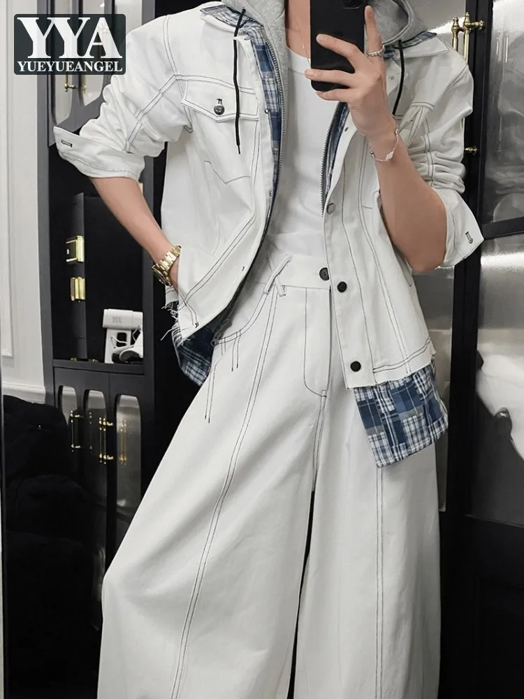 Male Hooded False Two Piece Patchwork Loose Fit Wide Leg Pants Jacket High Street Cowboy Outfits Short Coat Jeans Two Piece Sets
Male Hooded False Two Piece Patchwork Loose Fit Wide Leg Pants Jacket High Street Cowboy Outfits Short Coat Jeans Two Piece Sets