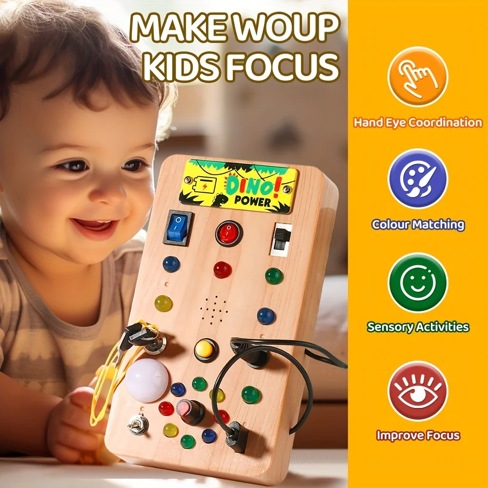 A novel and educational dinosaur-themed busy board toy with light control. It's an educational toy that helps develop and train
A novel and educational dinosaur-themed busy board toy with light control. It's an educational toy that helps develop and train