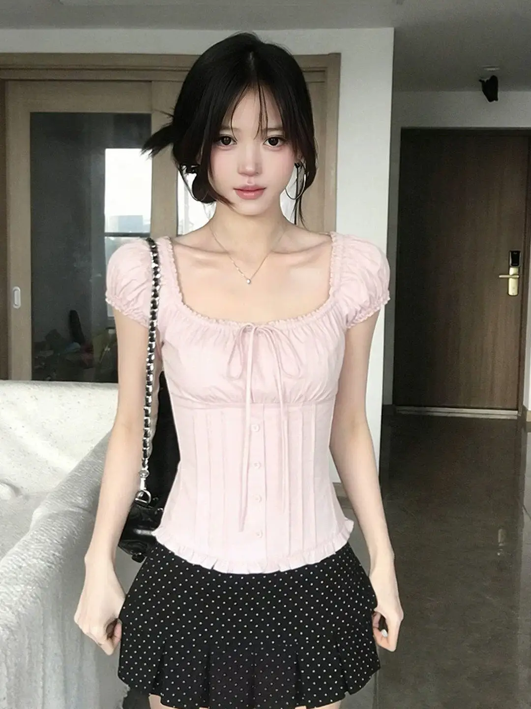 Sweet Lace Trim Short Sleeve Shirt Women's Summer Fishbone Waist Short Shirt Elegant Beautiful Top Pink Bow Tie Design Polyes...
Sweet Lace Trim Short Sleeve Shirt Women's Summer Fishbone Waist Short Shirt Elegant Beautiful Top Pink Bow Tie Design Polyes...