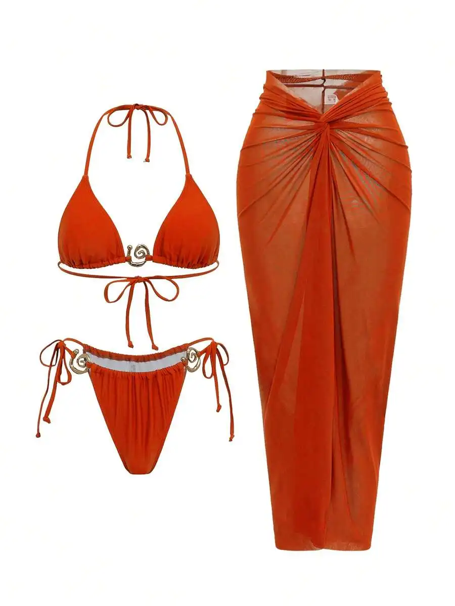 Orange Three Piece Swimsuit Set With Mesh Skirt Women Beach Outfit
Orange Three Piece Swimsuit Set With Mesh Skirt Women Beach Outfit