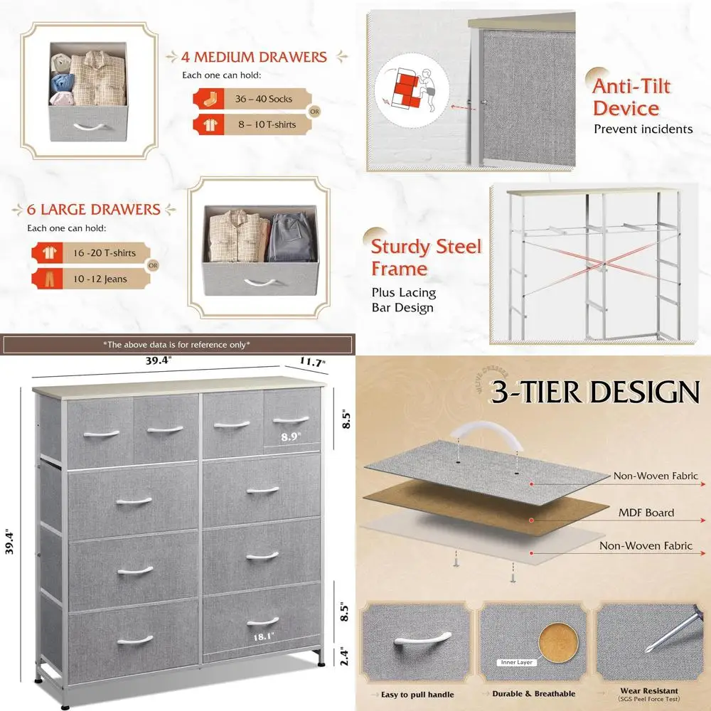 10-Drawer Fabric Dresser Organizer for Bedroom Storage, Light Grey
10-Drawer Fabric Dresser Organizer for Bedroom Storage, Light Grey