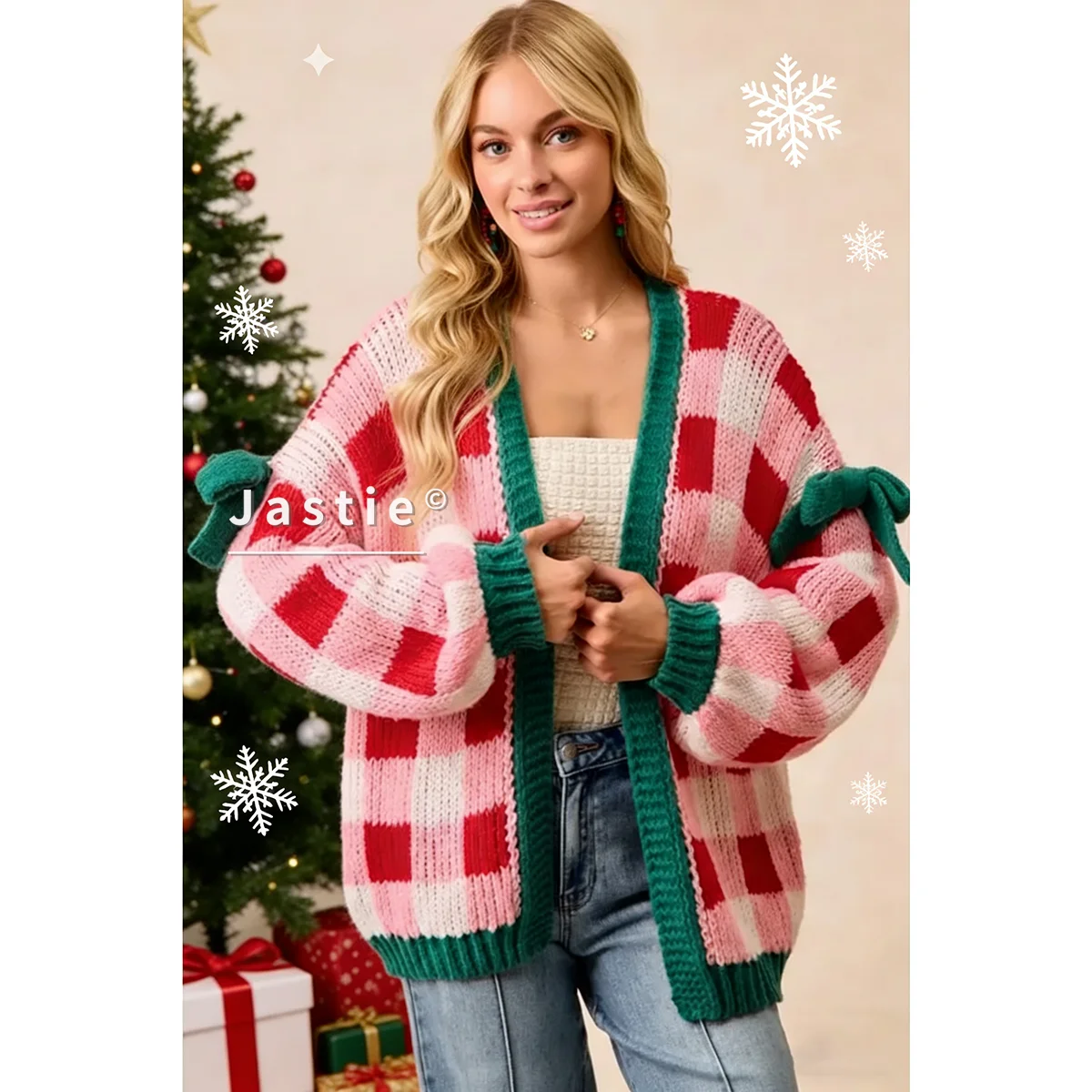 Women's Pink & Red Christmas Cardigan Green Trim Bow Accents On Sleeves Knit Sweater Casual Outerwear For Spring/Fall Sweater
Women's Pink & Red Christmas Cardigan Green Trim Bow Accents On Sleeves Knit Sweater Casual Outerwear For Spring/Fall Sweater