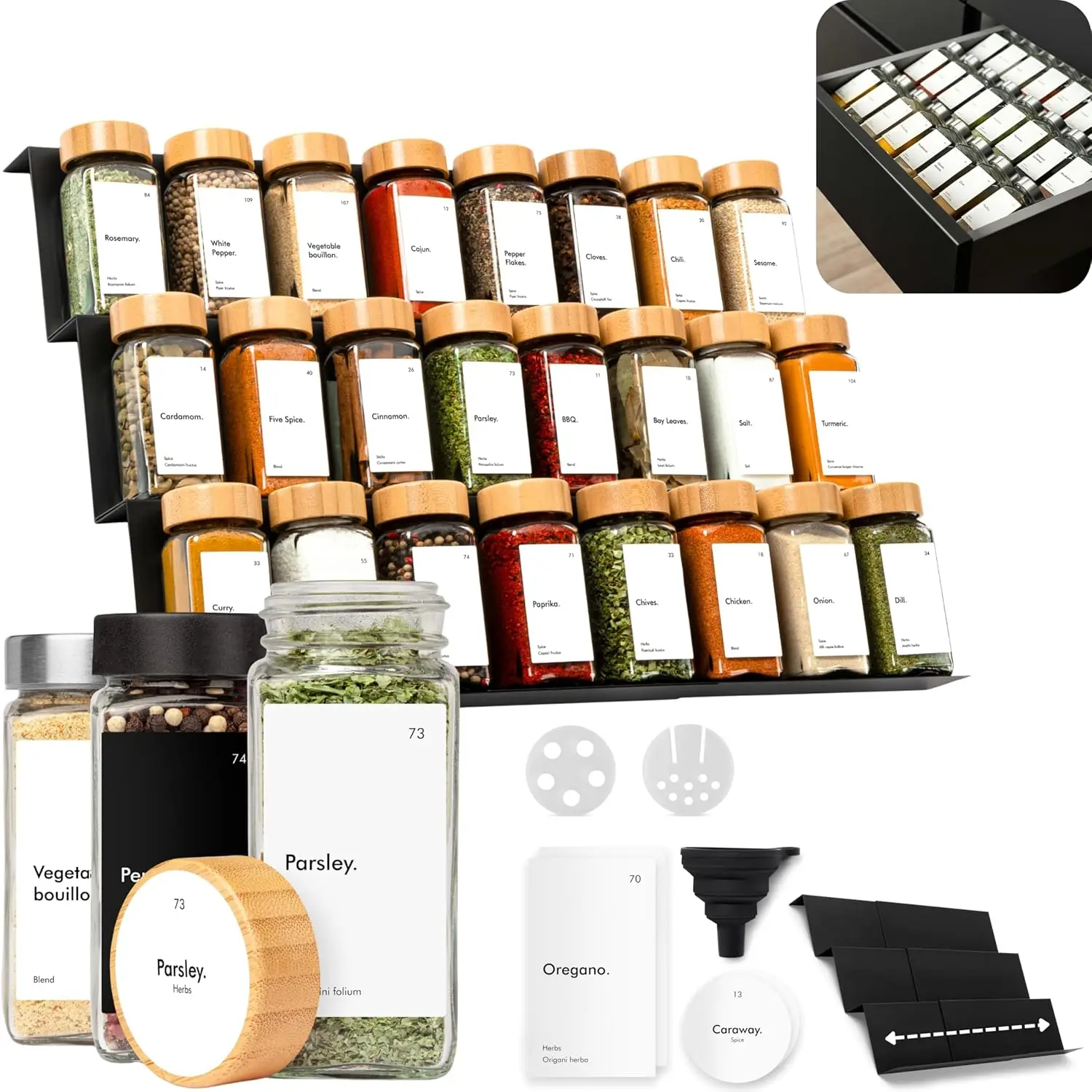 24-Jar Spice Drawer Organizer with Labels - Airtight Glass Jars & Seasoning Rack for Kitchen Storage
24-Jar Spice Drawer Organizer with Labels - Airtight Glass Jars & Seasoning Rack for Kitchen Storage