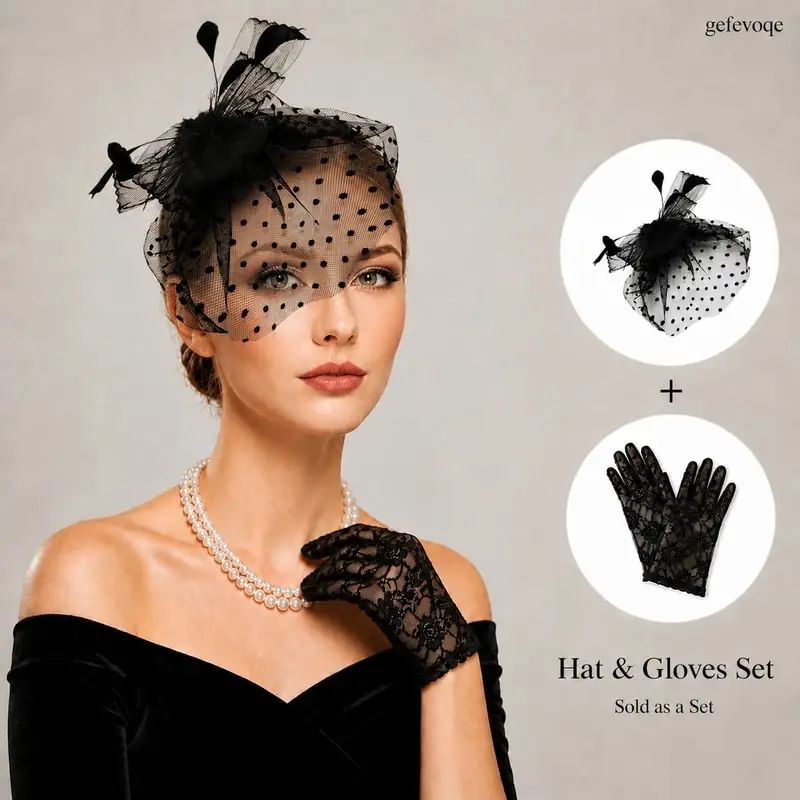 Polka Dot Veil Fascinator Hat with Feathers Lace Gloves Set for Women Wedding Cocktail Tea Party Headwear
Polka Dot Veil Fascinator Hat with Feathers Lace Gloves Set for Women Wedding Cocktail Tea Party Headwear