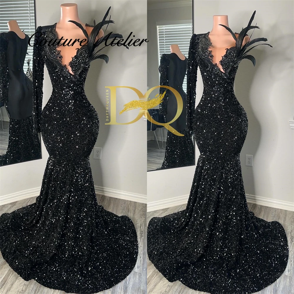 Sexy Black Sequined Long Prom Gowns For Black Girls 2025 Beaded Appliques Birthday Party Feathers Evening Dress Customized
Sexy Black Sequined Long Prom Gowns For Black Girls 2025 Beaded Appliques Birthday Party Feathers Evening Dress Customized