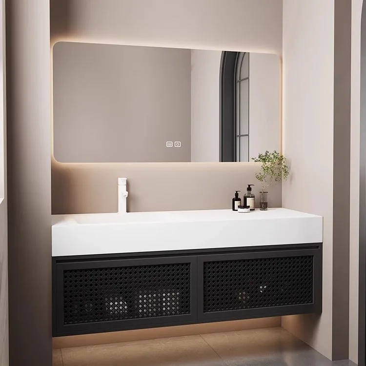 American wabi sabi log wind corian integrated basin rattan bathroom cabinet combination rock slab ceramic hand wash basin
American wabi sabi log wind corian integrated basin rattan bathroom cabinet combination rock slab ceramic hand wash basin