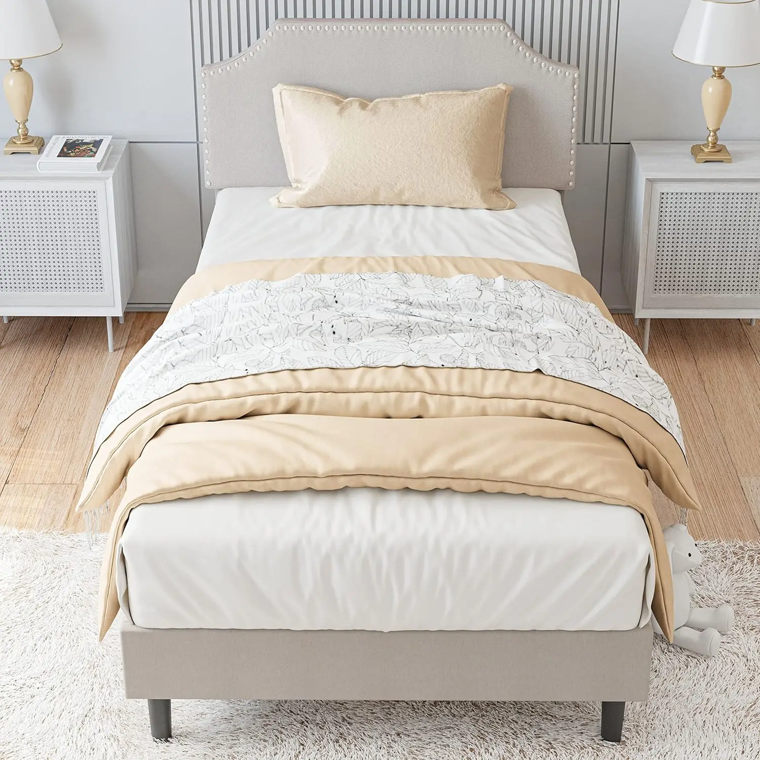 Upholstered Platform Twin Bed Frame with Nailhead Trim Headboard, Height Adjustable, No Box Spring Needed, Noise-Free, Beige
Upholstered Platform Twin Bed Frame with Nailhead Trim Headboard, Height Adjustable, No Box Spring Needed, Noise-Free, Beige