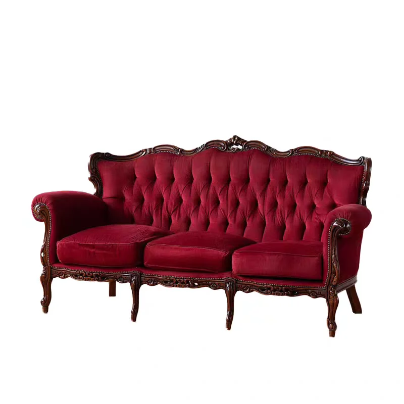 American retro solid wood carving flower three-seat sofa French light luxury villa living room red velvet tufted sofa
American retro solid wood carving flower three-seat sofa French light luxury villa living room red velvet tufted sofa