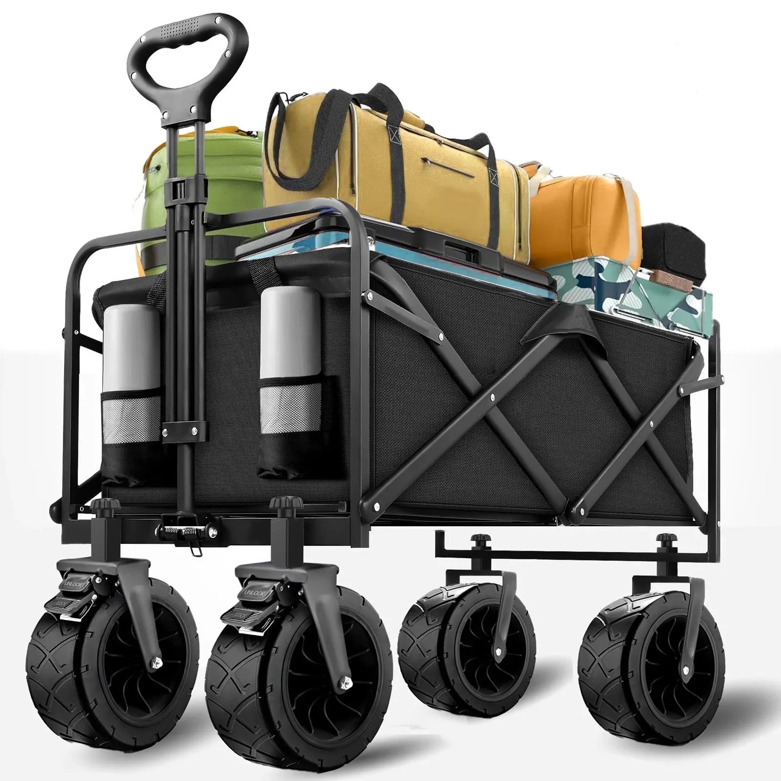 Heavy-duty Foldable Cart (Black): 7.5-inch Sand-proof All-terrain Wheels, 330lbs Load Capacity, 150L Capacity. With Side Pockets
Heavy-duty Foldable Cart (Black): 7.5-inch Sand-proof All-terrain Wheels, 330lbs Load Capacity, 150L Capacity. With Side Pockets