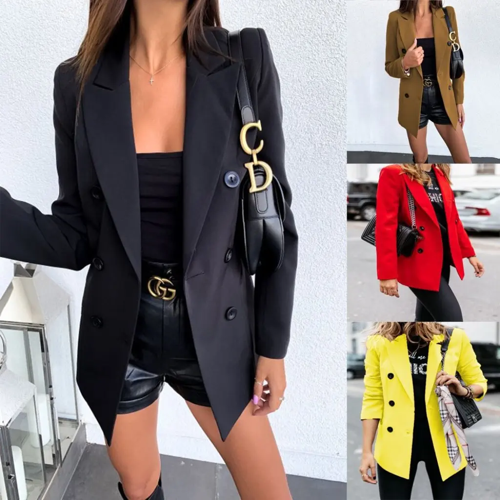 Women's Pure Color Long-Sleeved Cardigan Autumn Winter Double-Row Button Suit Small Outwear Fashionable Outerwear 
Women's Pure Color Long-Sleeved Cardigan Autumn Winter Double-Row Button Suit Small Outwear Fashionable Outerwear