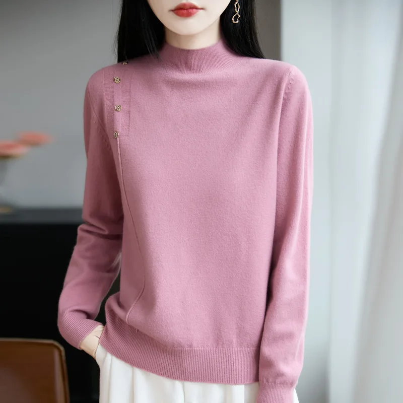 Women Sweater Pullovers Long Sleeve Mock Neck Knitted Sweater Loose Autumn Winter Bottoming Shirt Cotton Buttons Fashion Jumpers
Women Sweater Pullovers Long Sleeve Mock Neck Knitted Sweater Loose Autumn Winter Bottoming Shirt Cotton Buttons Fashion Jumpers