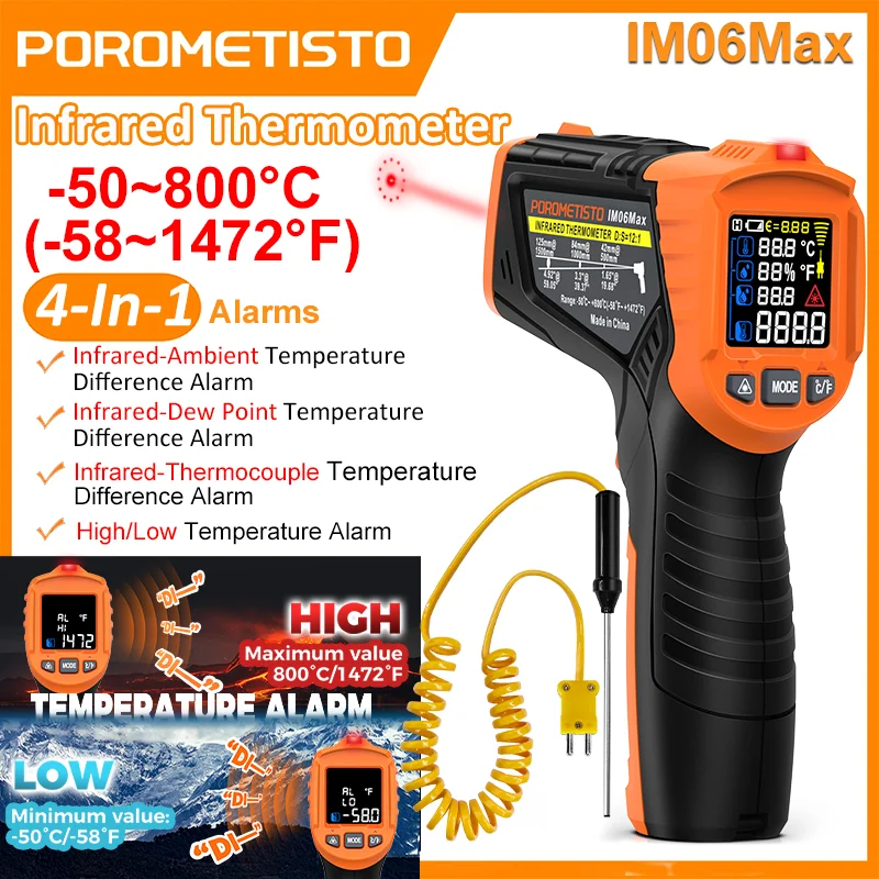 -50~800°C IM06Max Infrared Laser Thermometer Gun Max/Min Temperature Alarm Indicator Light with K-Type Probe for Industrial Use
-50~800°C IM06Max Infrared Laser Thermometer Gun Max/Min Temperature Alarm Indicator Light with K-Type Probe for Industrial Use