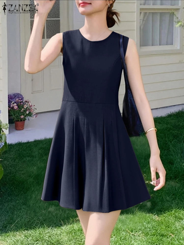 ZANZEA Summer Dress Women Sleeveless Solid Color Sundres Fashion O Neck Pleated Short Loose Robe Casual A-Line Vestidos Oversize 
ZANZEA Summer Dress Women Sleeveless Solid Color Sundres Fashion O Neck Pleated Short Loose Robe Casual A-Line Vestidos Oversize