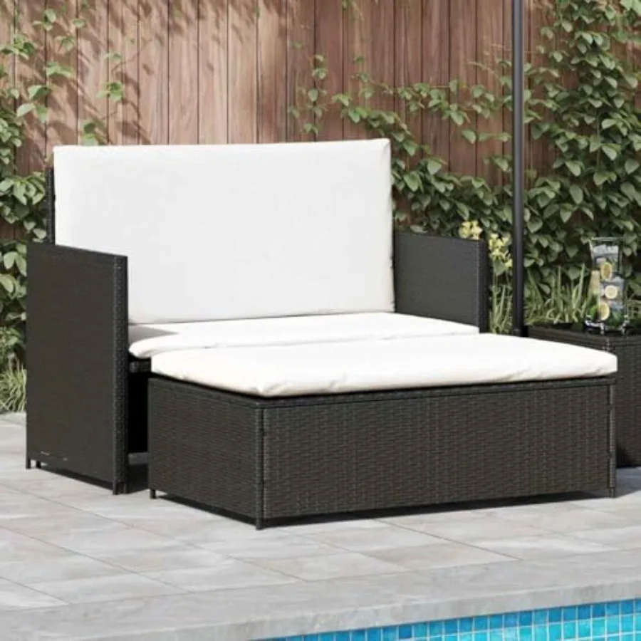 2 Piece Patio Lounge Set with Cushions, Poly Rattan Black 2-Seater Sofa and Stool, Foldable Backrest Converts to Bed, Removable
2 Piece Patio Lounge Set with Cushions, Poly Rattan Black 2-Seater Sofa and Stool, Foldable Backrest Converts to Bed, Removable