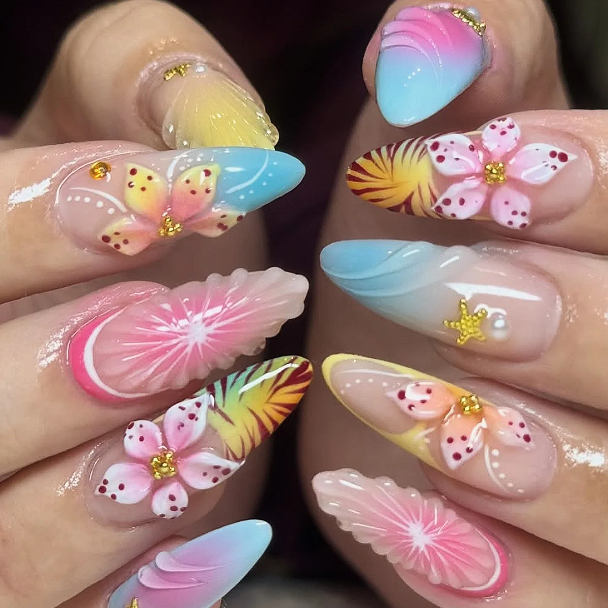 24PCS Almond Press On Nails 3D Flower Seashell Starfish Tropical Beach Style Pink Blue Yellow Gradient Reusable False Nails 네일팁
24PCS Almond Press On Nails 3D Flower Seashell Starfish Tropical Beach Style Pink Blue Yellow Gradient Reusable False Nails 네일팁