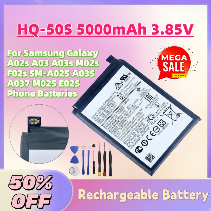 In Stock New HQ-50S 5000mAh 3.85V Battery for Samsung Galaxy A02s A03 A03s M02s F02s SM-A025 A035 A037 M025 E025 Phone Batteries
In Stock New HQ-50S 5000mAh 3.85V Battery for Samsung Galaxy A02s A03 A03s M02s F02s SM-A025 A035 A037 M025 E025 Phone Batteries