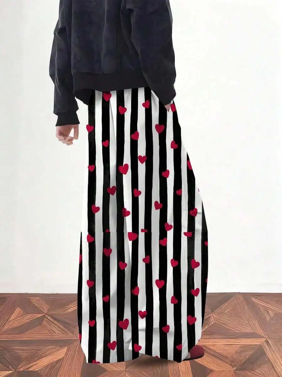 Mens Black And White Striped Wide Leg Pants With Red Hearts Pattern Casual Wear
Mens Black And White Striped Wide Leg Pants With Red Hearts Pattern Casual Wear
