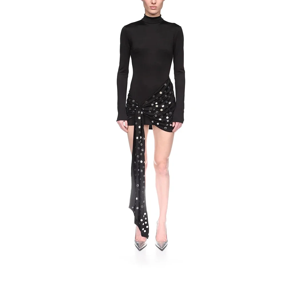 Elegant Black Bodycon Dress High Collar Long Sleeve Sparkly Silver Dot Knot Front Short Dress Formal Evening Dresses Party Gowns
Elegant Black Bodycon Dress High Collar Long Sleeve Sparkly Silver Dot Knot Front Short Dress Formal Evening Dresses Party Gowns