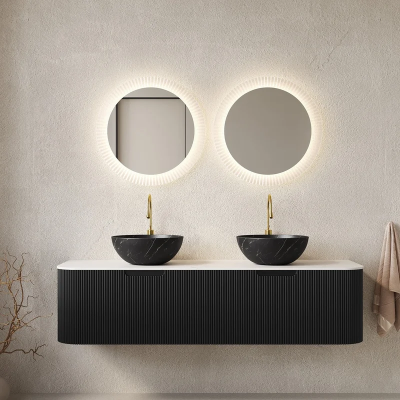 60" Floating Bathroom Vanity with 2 Drawers, Matte Black Ceramic Basins & Carrara White Sintered Stone Top
60" Floating Bathroom Vanity with 2 Drawers, Matte Black Ceramic Basins & Carrara White Sintered Stone Top