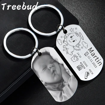 Treebud 맞춤형 아기 사진, 출산 정보 키체인, 스테인레스 스틸, 신생아 기념 키링, 쥬얼리 선물