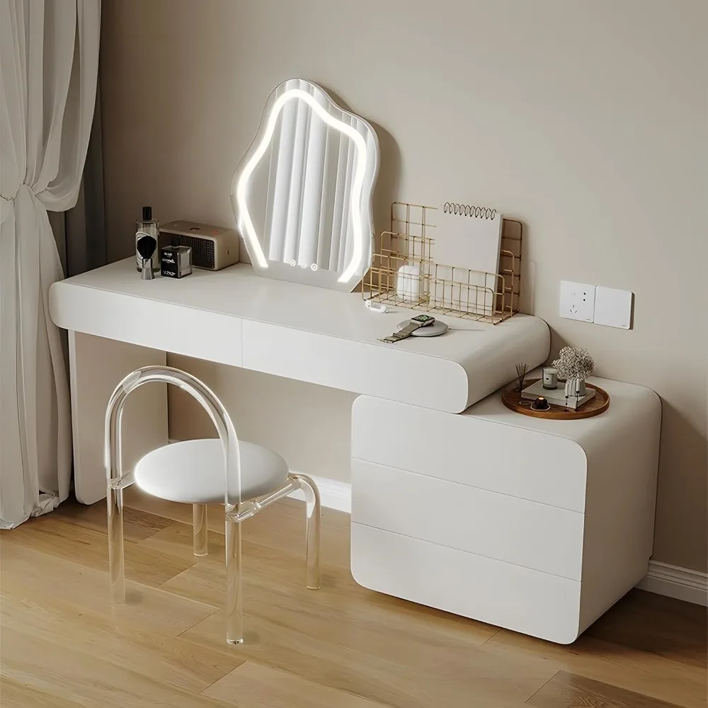 Vanity Makeup Desk with Mirror and Lights, Vanitys Desk with Acrylic Chair, Side Cabinet and 5 Drawers, Vanity Table
Vanity Makeup Desk with Mirror and Lights, Vanitys Desk with Acrylic Chair, Side Cabinet and 5 Drawers, Vanity Table