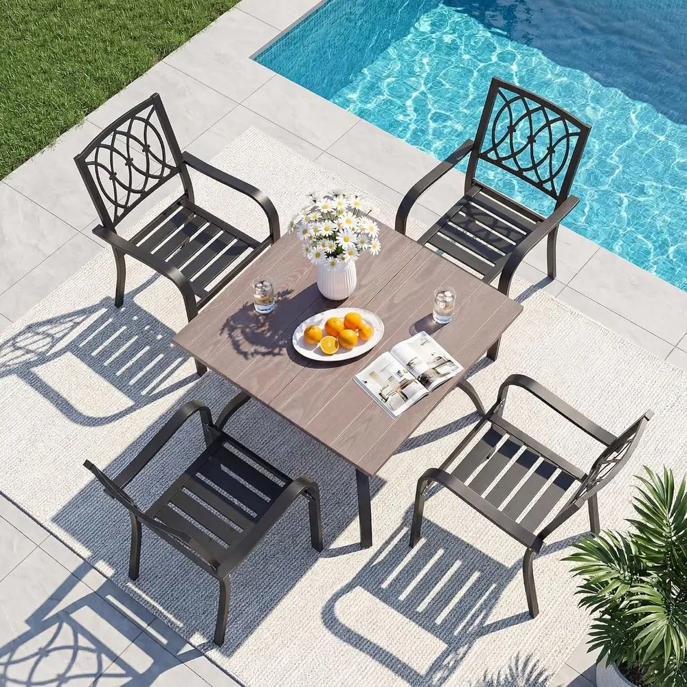 Square Outdoor Metal Dining Set with Umbrella Hole, 4 Stackable Iron Chairs for All-Weather Garden, Deck, and Poolside Use
Square Outdoor Metal Dining Set with Umbrella Hole, 4 Stackable Iron Chairs for All-Weather Garden, Deck, and Poolside Use