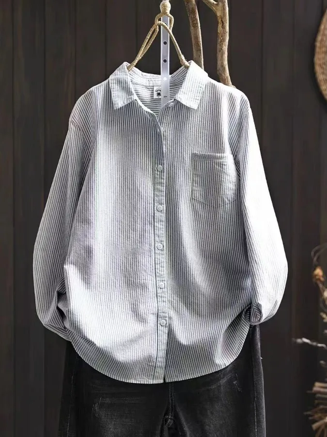 Pure Cotton ey Striped Women's Long Sve Loose Casual irt Autumn New Sle Boting Layering Collar Button Closure
Pure Cotton ey Striped Women's Long Sve Loose Casual irt Autumn New Sle Boting Layering Collar Button Closure