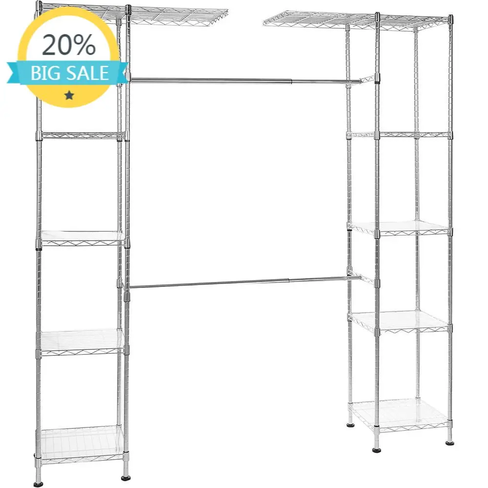 Adjustable Metal Hanging Storage Rack with Shelves, 57-80 x 14 x 72 inches, Chrome Finish
Adjustable Metal Hanging Storage Rack with Shelves, 57-80 x 14 x 72 inches, Chrome Finish