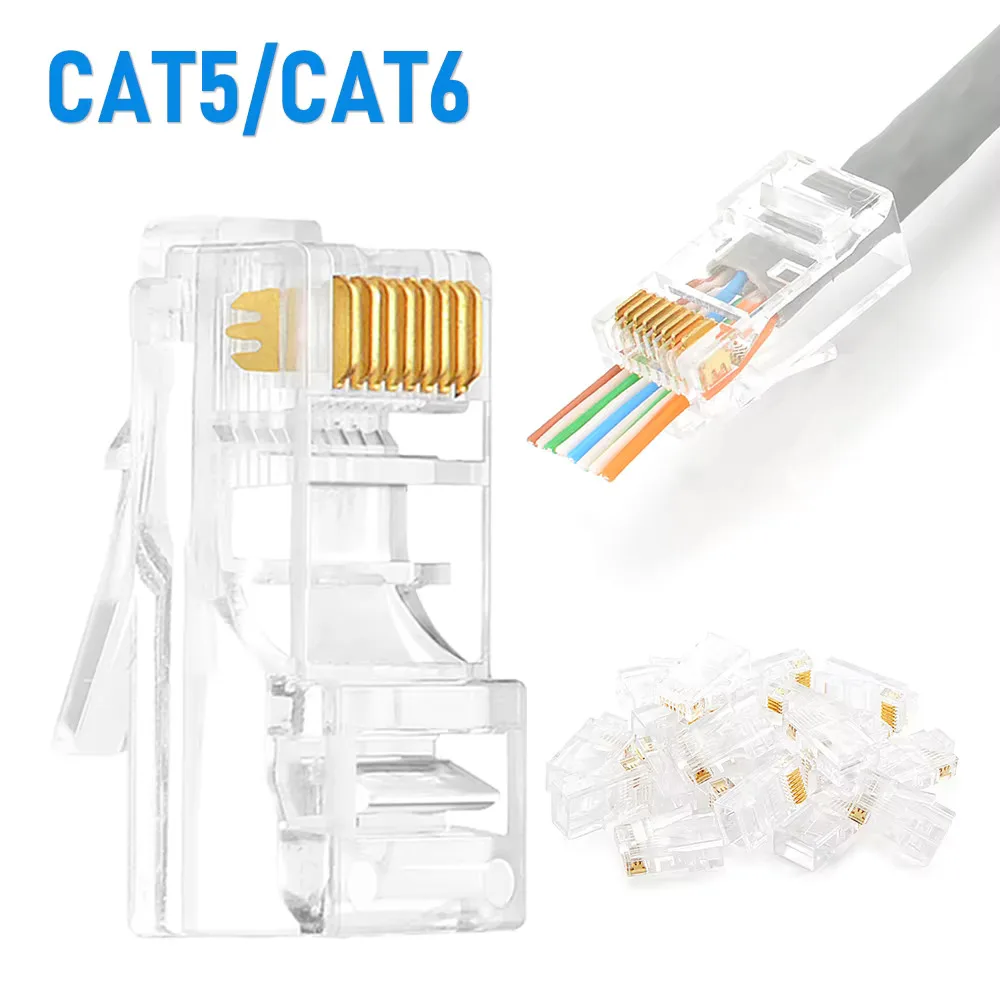 50/100 шт. сквозные разъемы RJ45 Cat6/Cat5e с кристаллическим концом 8P8C, обжимной стандартный сетевой модульный разъем Ethernet UTP 
50/100 шт. сквозные разъемы RJ45 Cat6/Cat5e с кристаллическим концом 8P8C, обжимной стандартный сетевой модульный разъем Ethernet UTP
