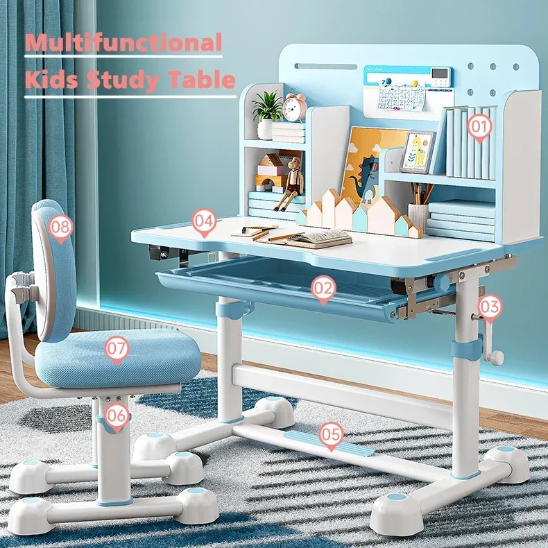 2026 Children Large Storage Functional Study Table with Bookshelf Kids Learning Desk and Chair Set