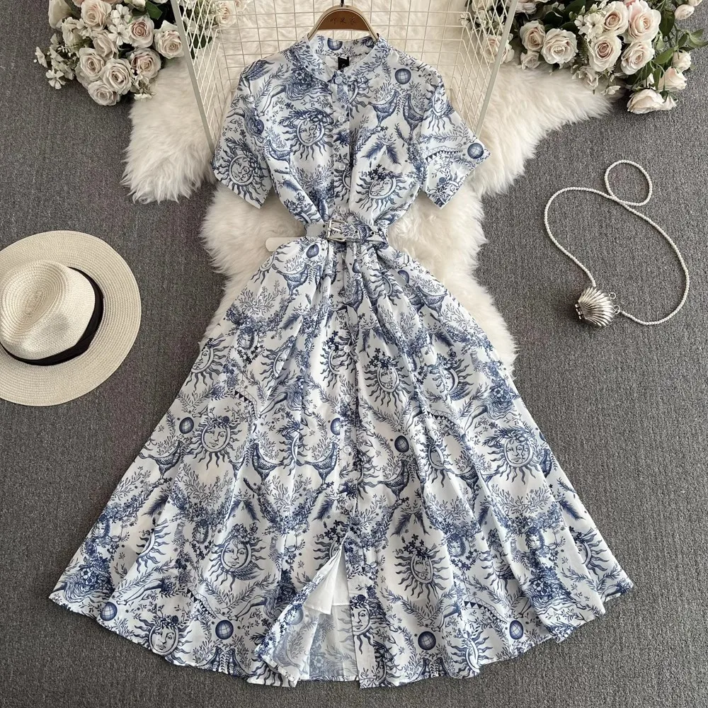 French Retro Shirt Dress Clothing Summer Women's Turn Down Neck Short Sleeve Vintage Print Single Breasted Belt Midi Vestidos
French Retro Shirt Dress Clothing Summer Women's Turn Down Neck Short Sleeve Vintage Print Single Breasted Belt Midi Vestidos